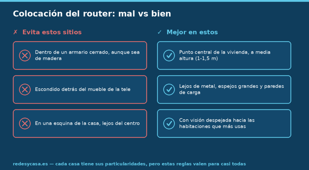 Comparativa de dónde colocar el router: evitar armarios cerrados, detrás de la tele o en una esquina; mejor en un punto central, a media altura y lejos de metal