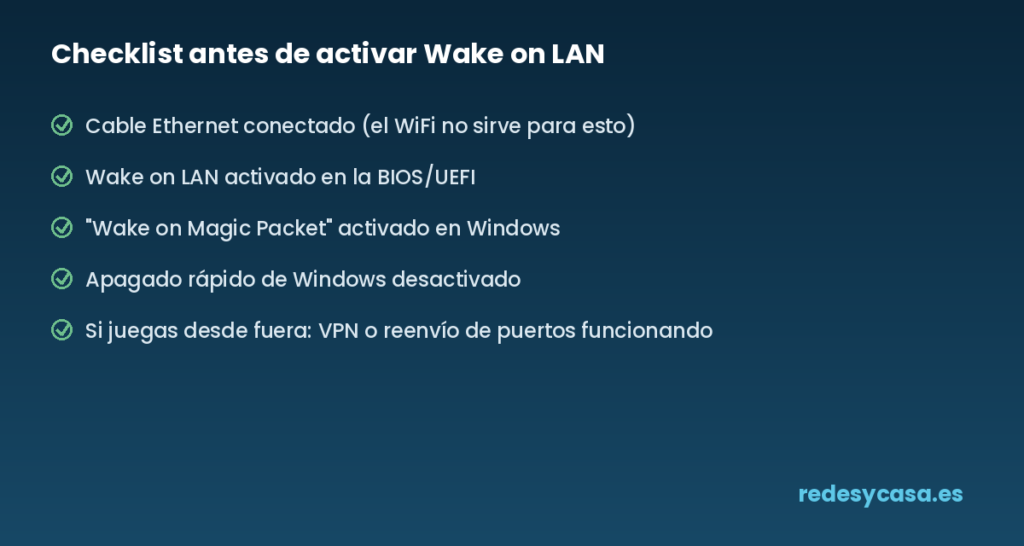 Checklist de requisitos para activar Wake on LAN antes de jugar en streaming