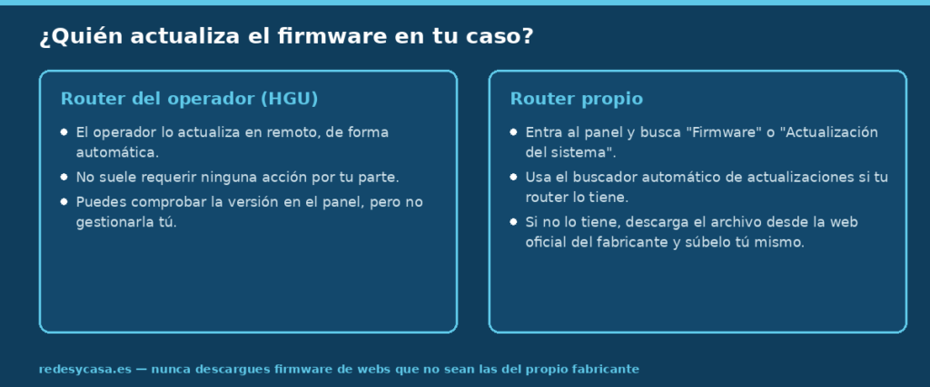 Diferencia entre cómo se actualiza el firmware en un router del operador (automático) y en un router propio (manual, desde el panel o la web del fabricante)