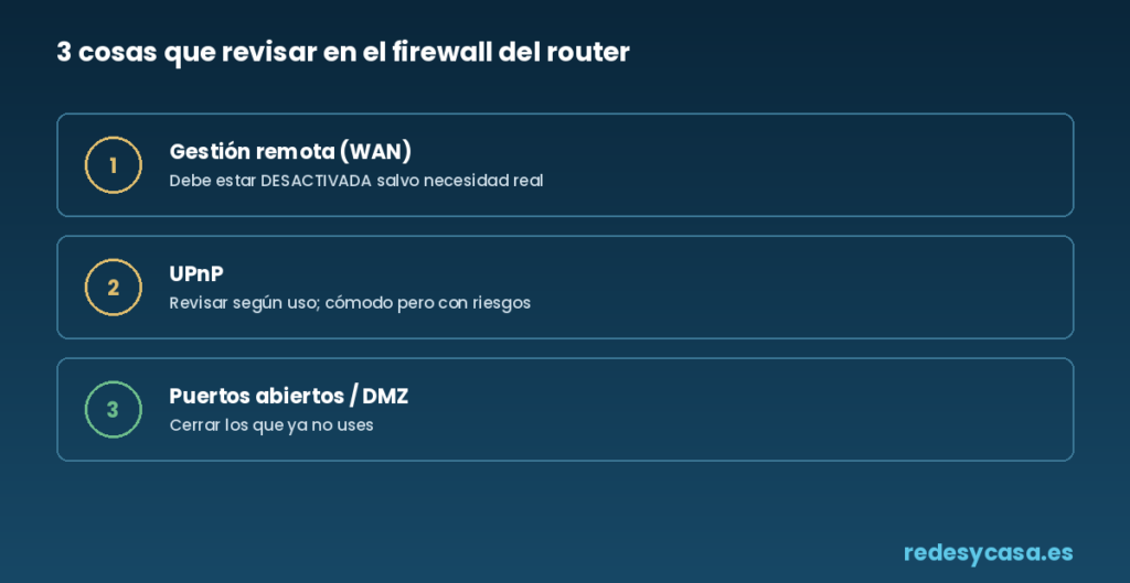 Checklist de 3 cosas que revisar en el firewall del router: gestión remota, UPnP y puertos abiertos
